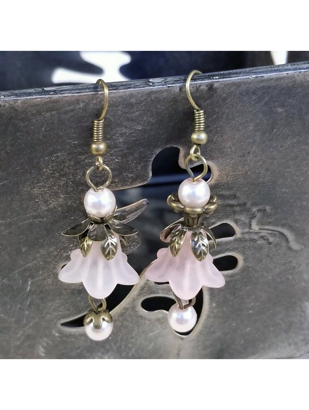 Steampunk Bronze Brass Matte Pink Tulip Flower Leaves Fantasia Dangle Earnings